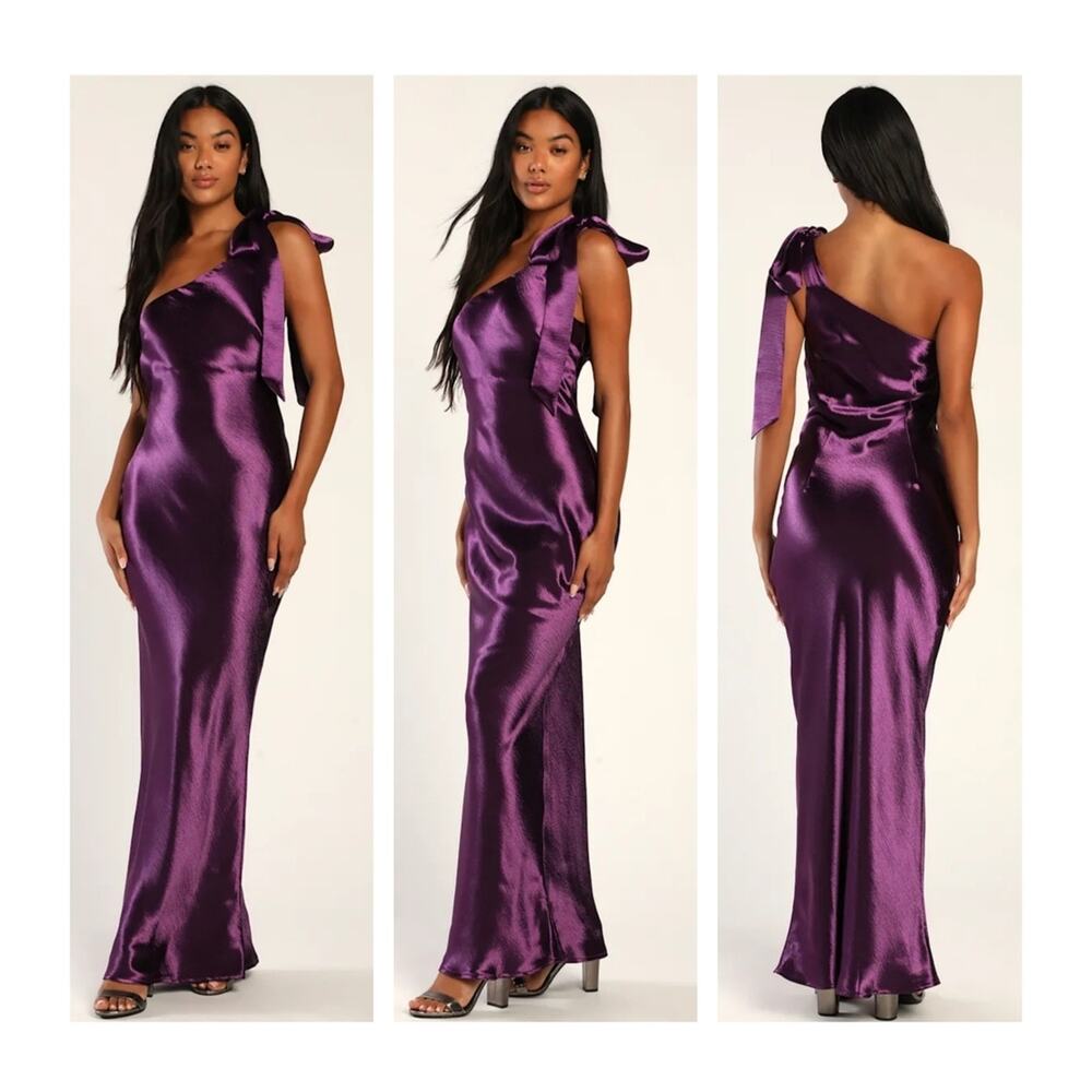 Lulus Lavish Looks Purple Satin One-Shoulder Tie-Strap Maxi Dress Medium